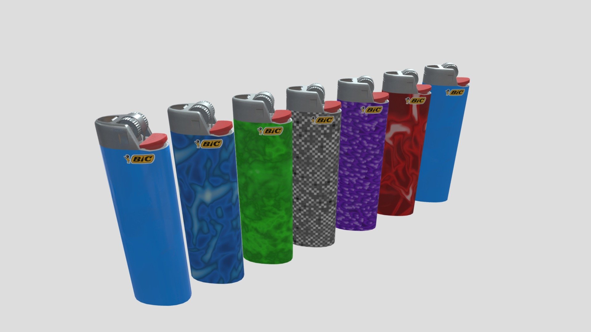 This Lighter is perfect as a prop in any scene and is viewable from all angles and distances. This Has multiple pattern variations that can be manipulated with a Hue/Saturation node for Infinite Color ways.

This Includes:

The Mesh
4K and 2K Texture Set (albedo, Roughness, Metallic, Normal)
7 Variations (Blue Pattern, Red Pattern, Green pattern, Grey Pattern, Purple Pattern, Plain, Dirty)
The Mesh is UV Unwrapped with vertex Colors for easy retexturing 3d model