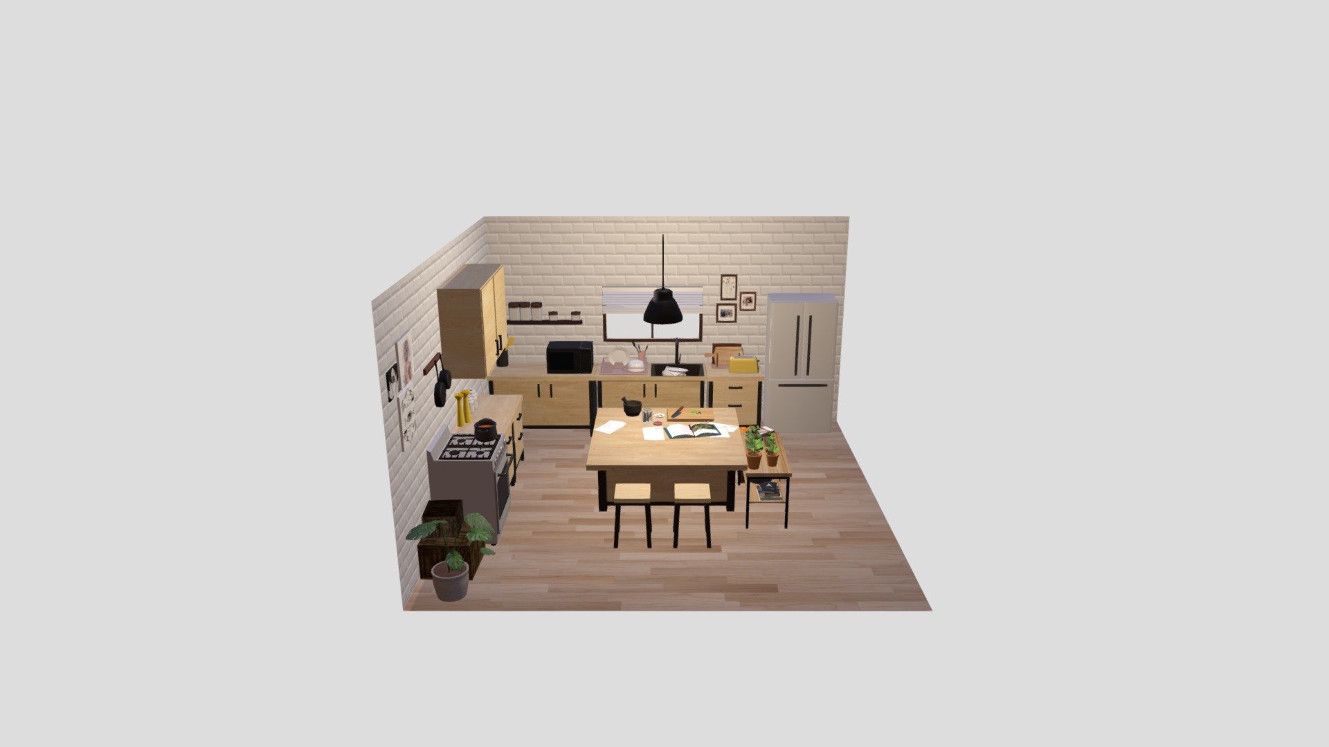 This was a fun little project that I did for a college. Project was to create an interior room with any theme. I decided to base my room on the general aesthetic of my Animal Crossing New Horizons kitchen with some minimal, fantasy elements. 

I used Autodesk Maya and Adobe Photoshop CC 3d model