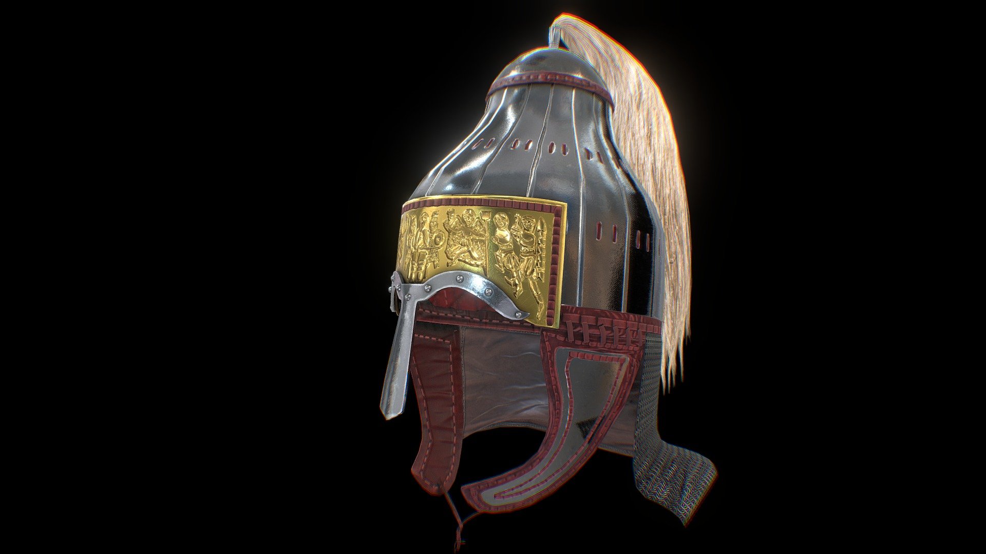 The lamellar helmet (German language: Lamellenhelm, plural Lamellenhelme) was a type of helmet used in Europe during the Early Middle Ages. Examples are characterized by caps made from overlapping lamellar scales, in addition to a brow plate, cheek guards, and camail. They are distinct from the contemporary spangenhelm and crested helmets also found in Europe; unlike those, which are influenced by Roman designs, Lamellenhelme display eastern influence and have primarily been found in southeastern Europe. They are mostly associated with the Avars of Pannonia and the Lombards of Italy.



Source: https://en.wikipedia.org/wiki/Lamellar_helmet
 - Agilulf Lamellar Helmet - Buy Royalty Free 3D model by Davicolt 3d model