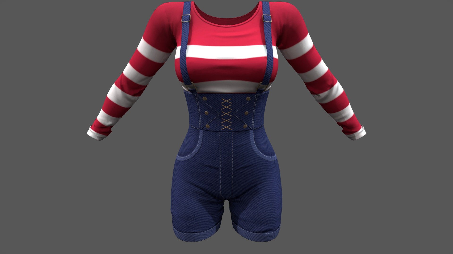 Female Denim Shorts Overalls Sweater Outfit

Can be fitted to any character

Clean topology

No overlapping smart optimized unwrapped UVs

High-quality realistic textures

FBX, OBJ, gITF, USDZ (request other formats)

PBR or Classic

Type     user:3dia &ldquo;search term