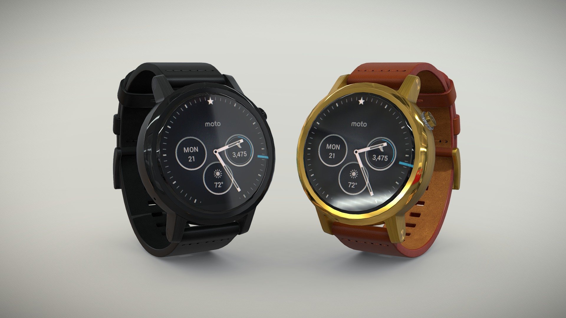 •   Let me present to you high-quality low-poly 3D model Motorola Moto 360 2nd Generation 42mm.  Model is presented in two colors: Cognac and Black. Modeling was made with ortho-photos of real watch that is why all details of design are recreated most authentically.

•    This model consists of one mesh, it is low-polygonal and it has only one material for each color version. 

•   The total of the main textures is 5. Resolution of all textures is 4096 pixels square aspect ratio in .png format. Also there is original texture file .PSD format in separate archive.

•   Polygon count of the model is – 6012.

•   The model has correct dimensions in real-world scale. All parts grouped and named correctly.

•   To use the model in other 3D programs there are scenes saved in formats .fbx, .obj, .DAE, .max (2010 version).

Note: If you see some artifacts on the textures, it means compression works in the Viewer. We recommend setting HD quality for textures. But anyway, original textures have no artifacts 3d model