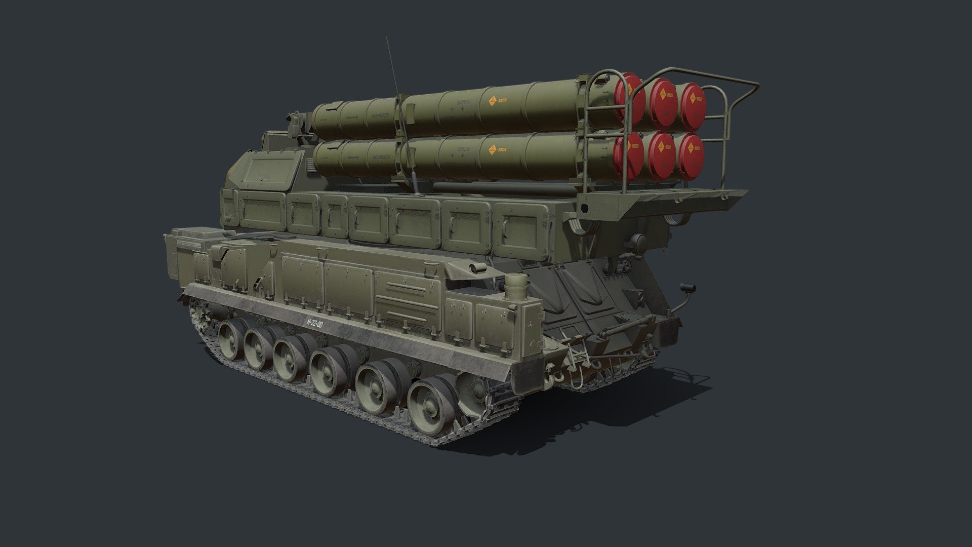 The Buk-M3E also nicknamed Viking, medium-range surface-to-air missile system is a modernized version of the Buk-M2 system, features advanced electronic components and a deadly new missile, and could be regarded as a completely new system. The system is designed, developed, and manufactured by the Russian Defense Company Almaz-Antey. The Buk-M3 system boasts a new digital computer, high-speed data exchange system and a tele-thermal imaging target designator instead of the tele-optical trackers used in previous models. A battery of Buk-M3 missiles can track and engage up to 36 targets simultaneously, while its advanced 9R31M missile is capable of knocking down all existing flying objects, including highly maneuverable ones, even during active electronic jamming - Buk M3 SA-17 Viking missile systems - Buy Royalty Free 3D model by Tim Samedov (@citizensnip) 3d model