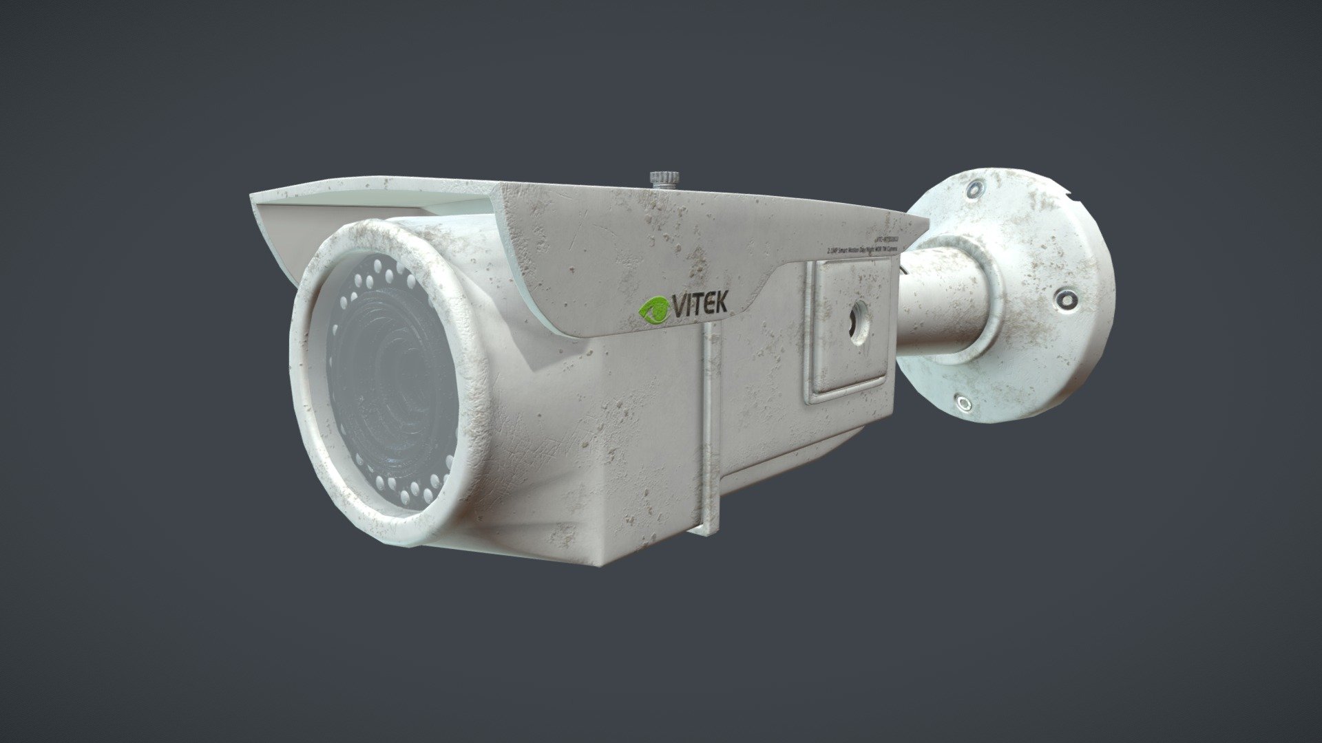This is my final VITEK VTC-IRT30-2812 security camera. My inspiration for my camera came from old abandoned hospitals. After the world just got taken over runned by zombies. The camera hasn't gotten completely destroyed, still in decent condition, but got a little beaten up 3d model