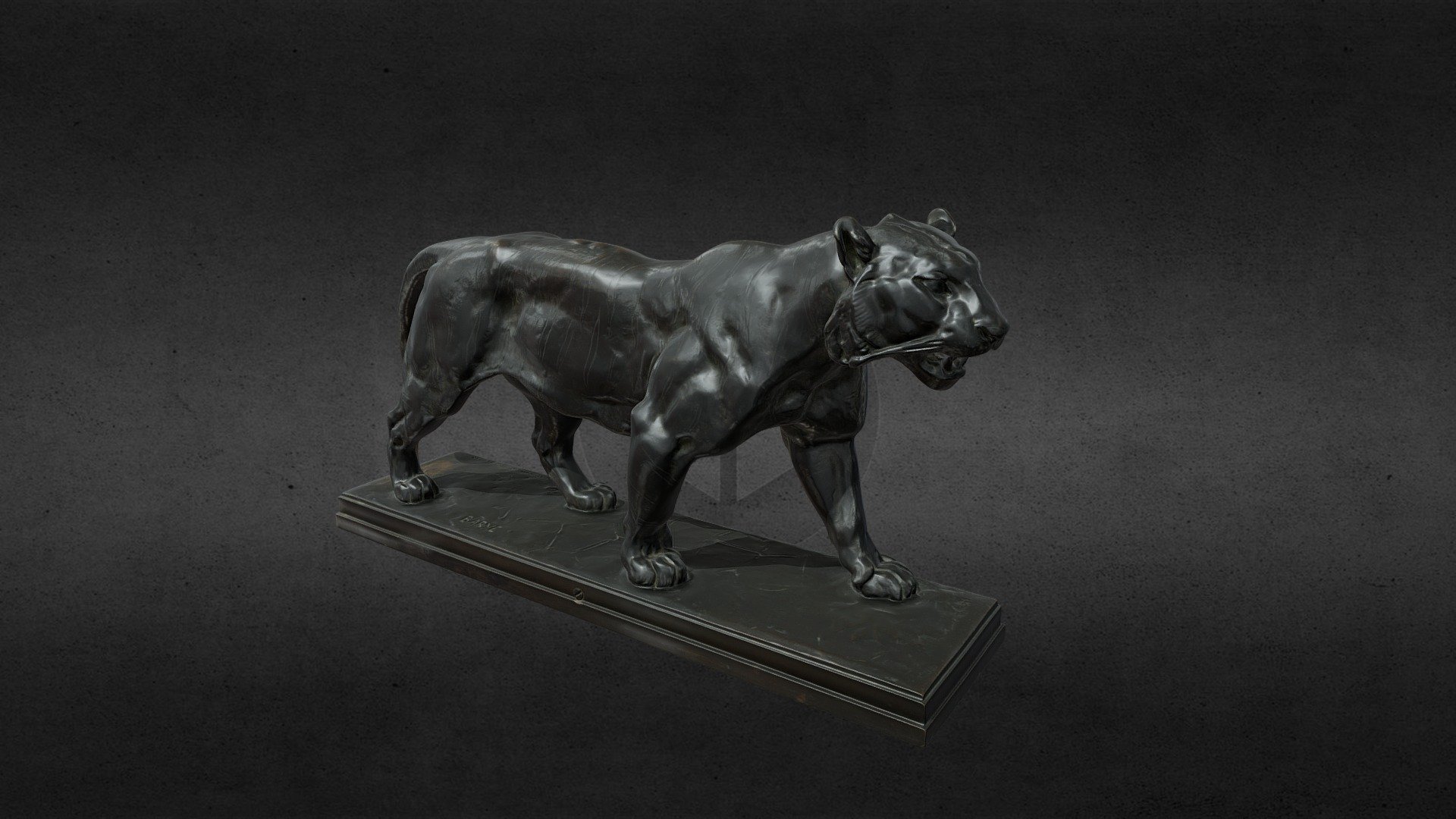 Walking Tiger, Antoine-Louis Barye. Bronze poured into the technique of lost wax. Copy of F. Barbedienne foundry, Paris 1905. It was placed on a marble column. Antoine-Louis Barye was a French sculptor who presented romantically humanized animals as the protagonists of his sculpture. This piece was placed on a marble column in the Vth room (and the last) of the Simu Museum in Bucharest (now demolished). Now is part of the collections of the National Art Museum in Bucharest 3d model