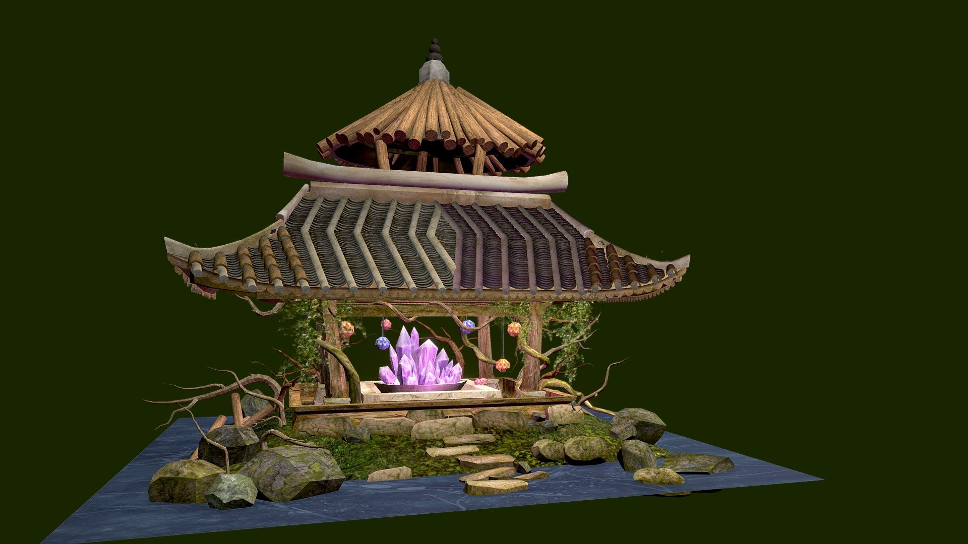 An old Korean Temple (Sawon) with a twist of fantasy by including the Amethyst Crystals.
Stylized texture and handpainted to give a more semi-realistic style 3d model