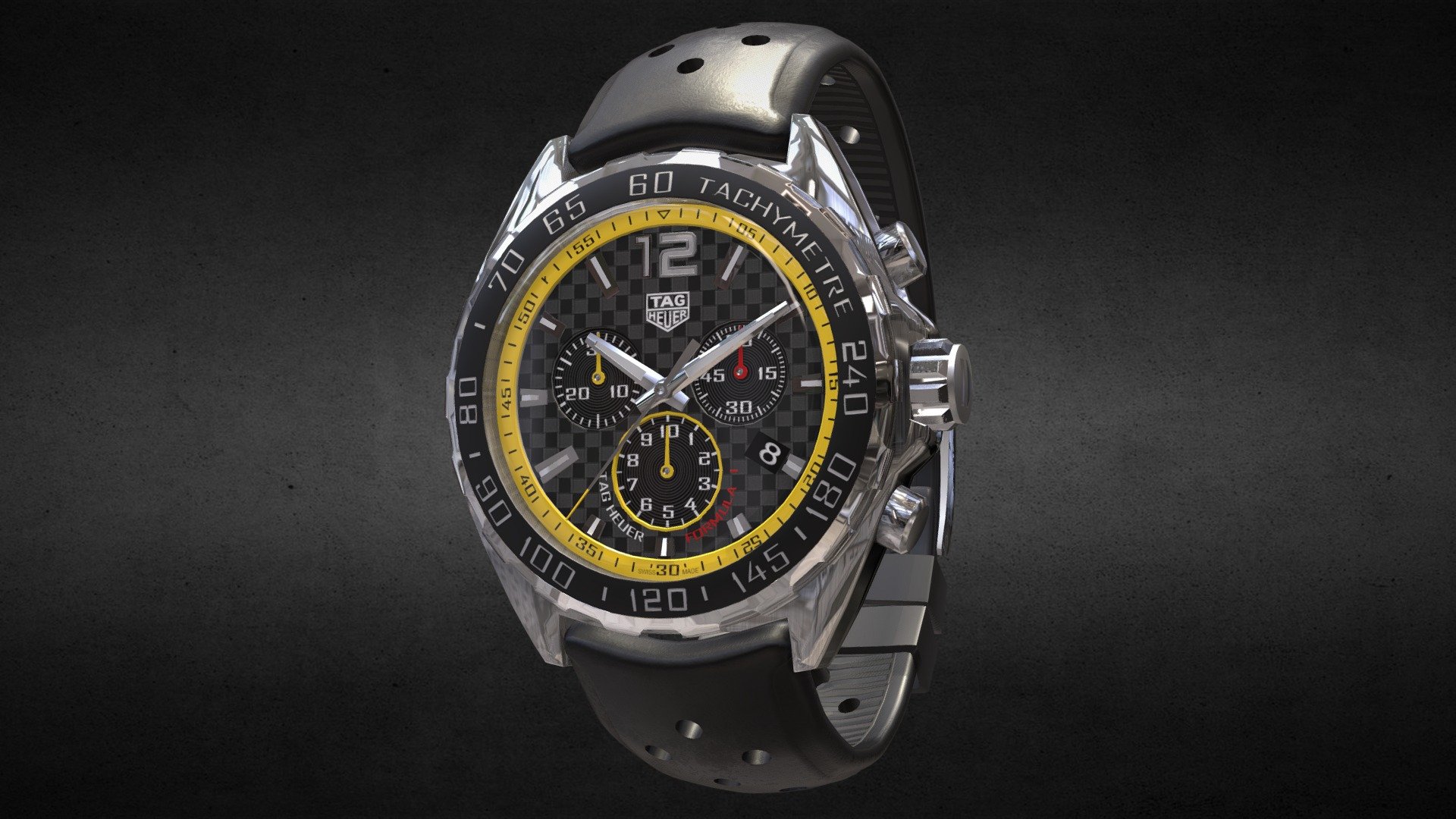 Awesome stainless steel Tag Heuer Formula 1 Carbon Fiber Quartz Chronograph watch․
Use for Unreal Engine 4 and Unity3D. Try in augmented reality in the AR-Watches app. 
Links to the app: Android, iOS

Currently available for download in FBX format.

3D model developed by AR-Watches

Disclaimer: We do not own the design of the watch, we only made the 3D model 3d model