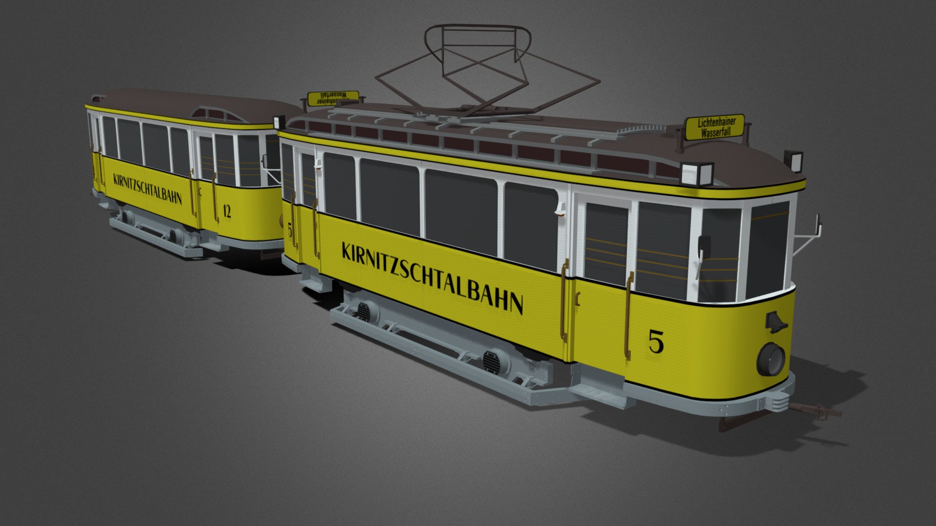 The Kirnitzschtalbahn, operated in the Kirnitschtal in the Elbe Sandstone Mountains, Saxon-Switzerland, Germany. This model was originally made as an asset for the game Cities: Skylines. There are simplifications to the texture and model to keep it optimised for the game 3d model