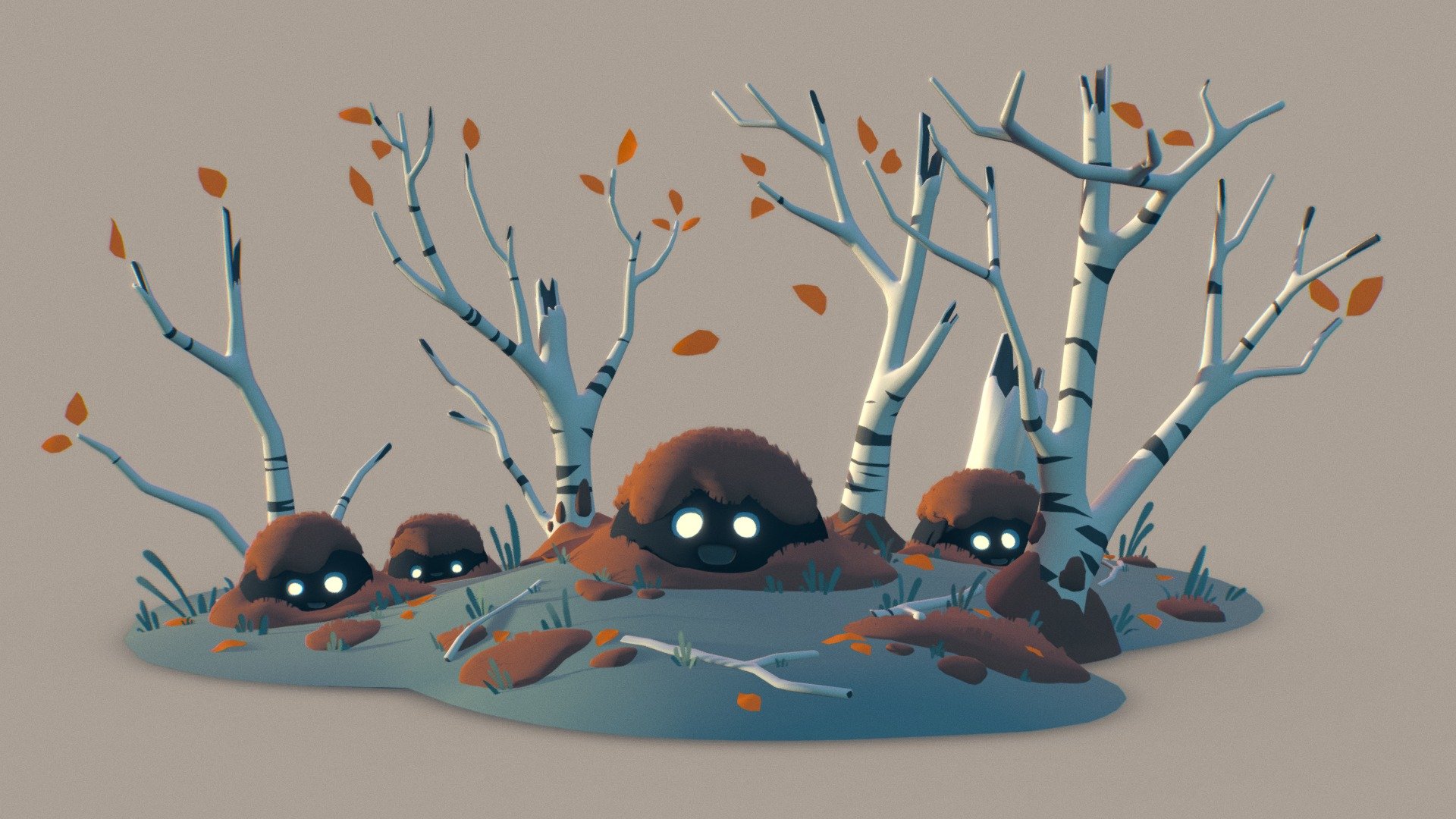 Small environment model based on a wonderful illustration by Marcel Hampel (https://bit.ly/2ATepdS).

With this study I had one major goal - examine how base color works with light while trying to stay to the color scheme of the original illustration as close as possible. In order to do this I found myself referring to the birch a lot - its white color helped me figure out light and shadow hue and value relation between all the elements of the illustration.

I didn't use textures (except for the alpha cards for the grass and moss) so I could change colors quickly.

I also learned some new tricks, like using Data Transfer modifier in Blender in order to adjust normals of the moss grass to the moss itself so it would blend perfectly (more obvious in the Matcap view). In order for both sides to look good, I duplicated the mesh and flipped normals, while making them both single sided. I didn't do it for the grass because I thought it looked better with default normals in this case 3d model