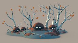 Boulders trees, forest, b3d, illustration, autumn, notexture, lowpoly, blender3d, gameart, stylized