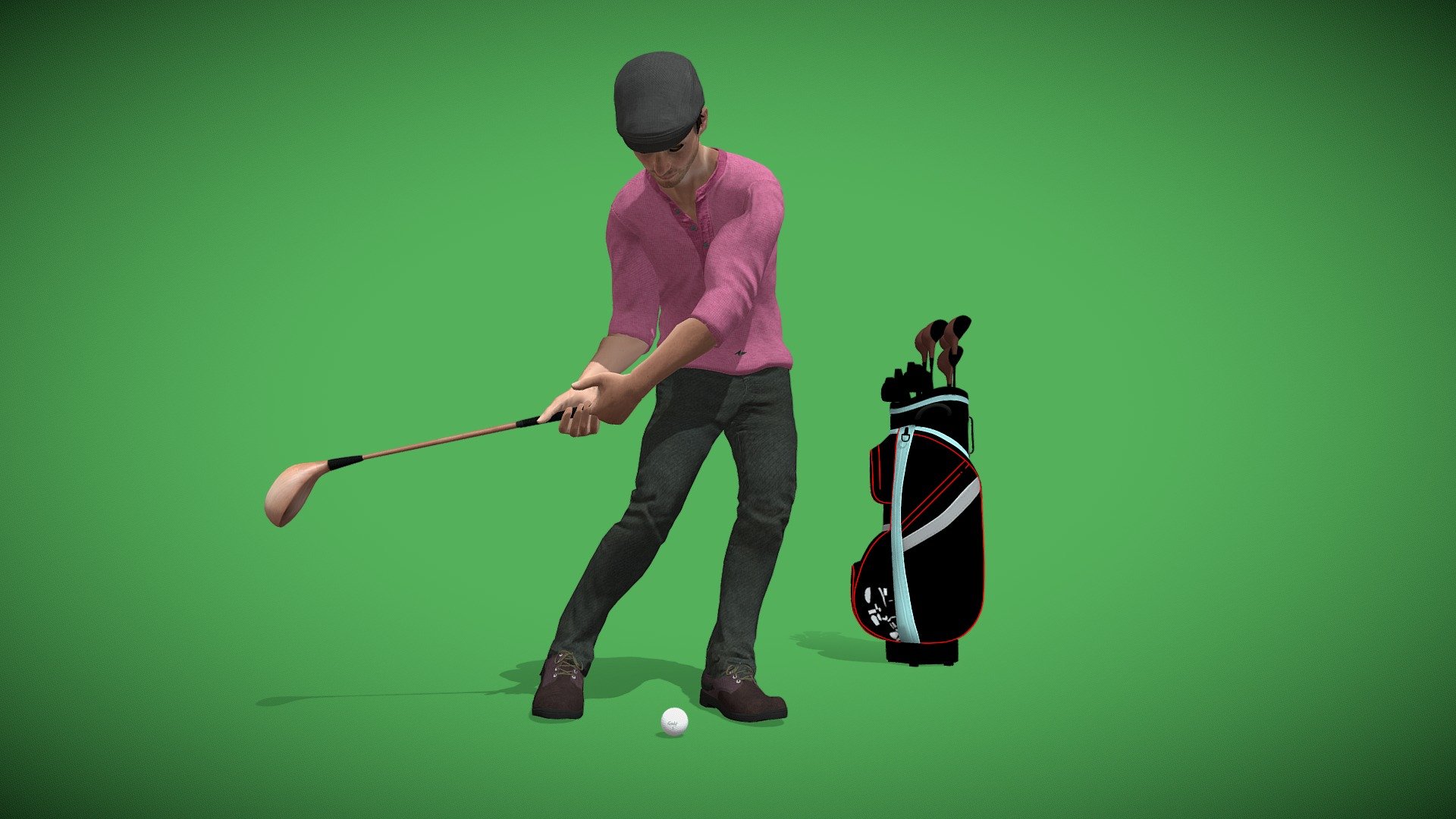 Male golfer swings golf club (driver) and drives golf ball, with golf bag and clubs in background, in this animated scene, at 30 frames per second.

See this 3D model in action, and more models like it, here in this collection of free augmeneted reality apps:

https://morpheusar.com/ - Animated Golfer Drives Ball with Club - 3D model by LasquetiSpice 3d model