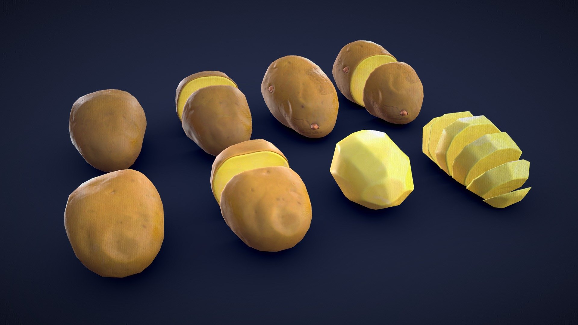 This asset pack contains 16 different potato meshes. Whether you need some fresh ingredients for a cooking game or some colorful props for a supermarket scene, this 3D stylized potato asset pack has you covered! 🥔

Model information:




Optimized low-poly assets for real-time usage.

Optimized and clean UV mapping.

2K and 4K textures for the assets are included.

Compatible with Unreal Engine, Unity and similar engines.

All assets are included in a separate file as well.
 - Stylized Potato - Low Poly - Buy Royalty Free 3D model by Lars Korden (@Lark.Art) 3d model