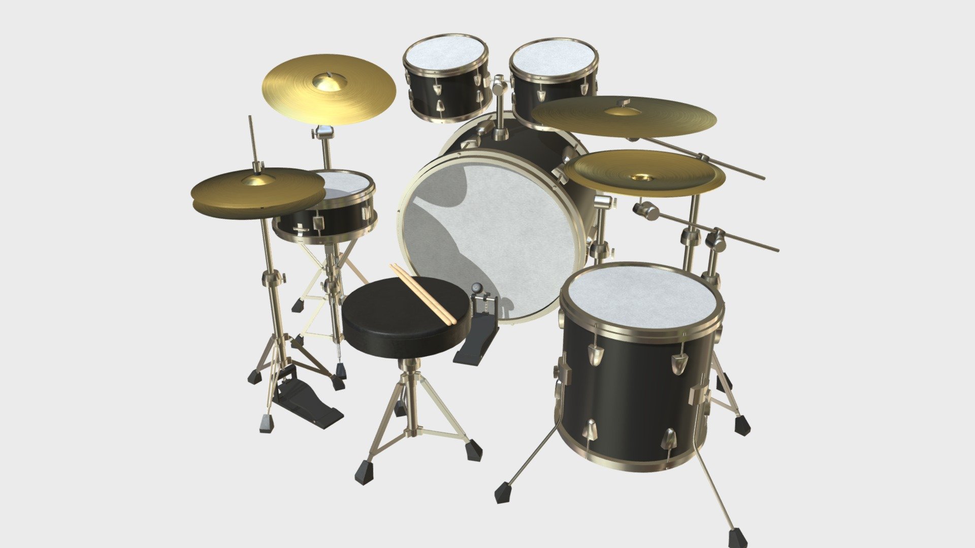 === The following description refers to the additional ZIP package provided with this model ===

A drum kit 3D Model. 11 individual objects (2 sticks, throne, bass drum, tom-toms, snare drum, floor tom drum, ride cymbal, crash cymbal, hi-hat cymbal, China cymbal; so, you can easily move, rotate or even scale each item), sharing the same non overlapping UV Layout map, Material and PBR Textures set. Production-ready 3D Model, with PBR materials, textures, non overlapping UV Layout map provided in the package.

Quads only geometries (no tris/ngons).

Formats included: FBX, OBJ; scenes: BLEND (with Cycles / Eevee PBR Materials and Textures); other: 16-bit PNGs with Alpha.

11 Objects (meshes), 1 PBR Material, UV unwrapped (non overlapping UV Layout map provided in the package); UV-mapped Textures.

UV Layout maps and Image Textures resolutions: 2048x2048; PBR Textures made with Substance Painter.

Polygonal, QUADS ONLY (no tris/ngons); 188829 vertices, 187439 quad faces (374878 tris) 3d model