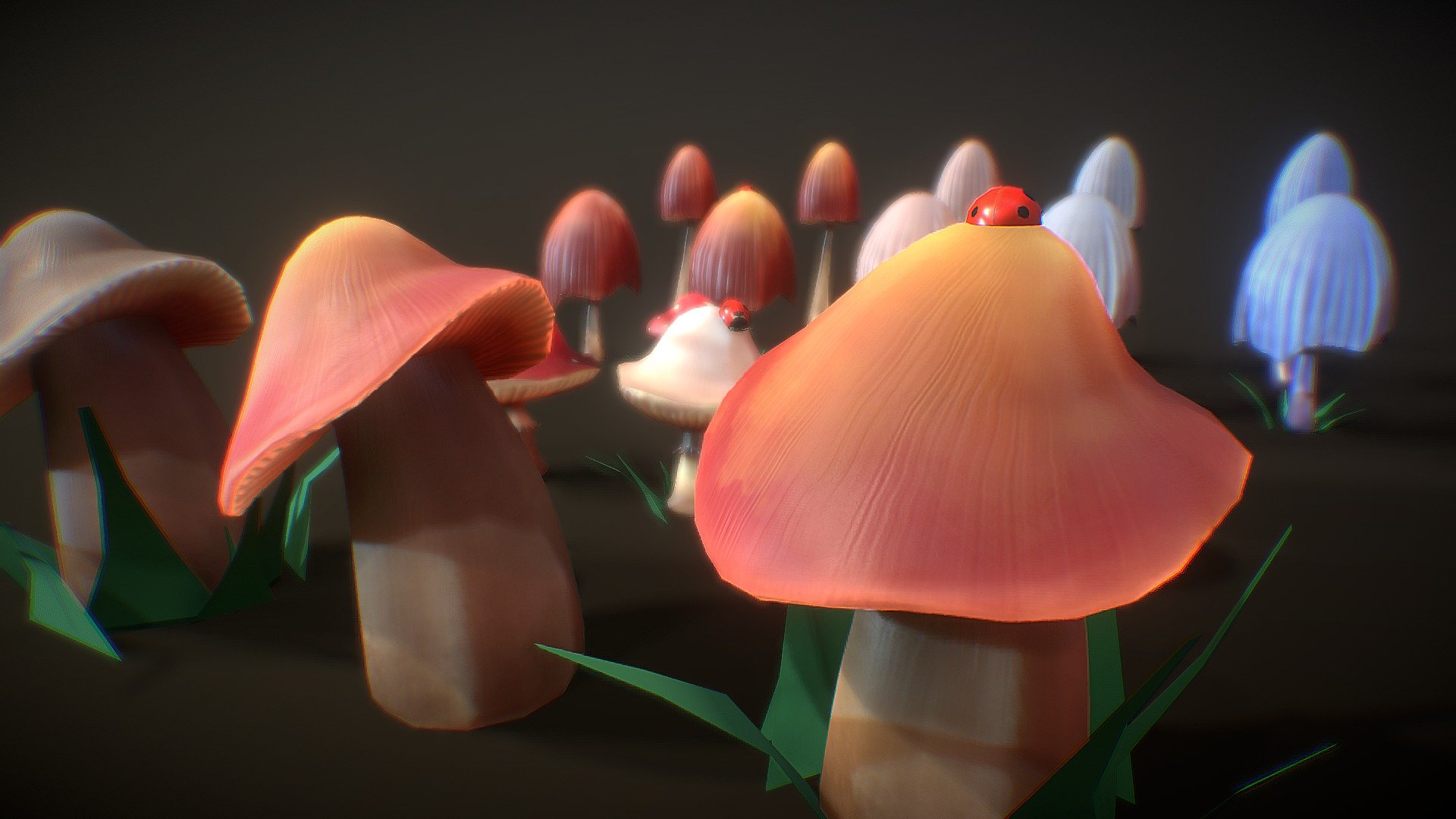 Set of 5 different mid poly mushrooms  with 8 pbr textures, grass and ladybug.
Inspired by amazing 2D concept art of https://graphicriver.net/item/mushroom-set/9343107
I hope you will like it!
(Btw, I can share you *.spp file for each mushroom if you need it) - Cartoon Mushroom pack with ladybug - 3D model by Sergey Egelsky (@egelsky) 3d model