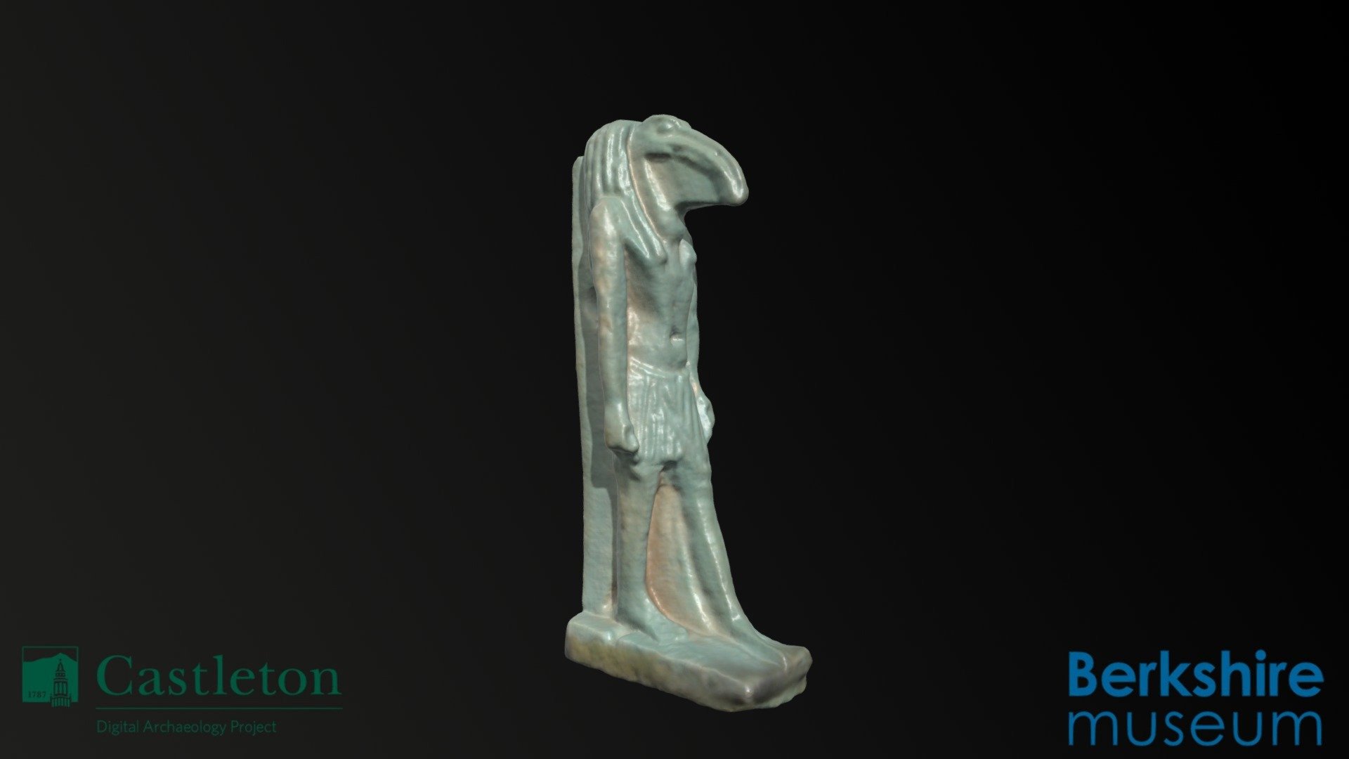 Egyptian Thoth amulet. Blue faience. Egyptian 3rd Intermediate Period. Collections of Berkshire Museum, Pittsfield, Massachusetts, USA (https://berkshiremuseum.org/ See also https://sketchfab.com/CUDAP/collections/berkshire-museum). 1953.47.18J. Scanned at Berkshire Museum using an Artec Space Spider 3D scanner. Dimensions: 37.12 x 13.36 mm. ANT-3160 (3D Scanning and Digital Curation) final project (https://sketchfab.com/CUDAP/collections/ant-3160-projects) by Philip Williams, Fall 2021 3d model