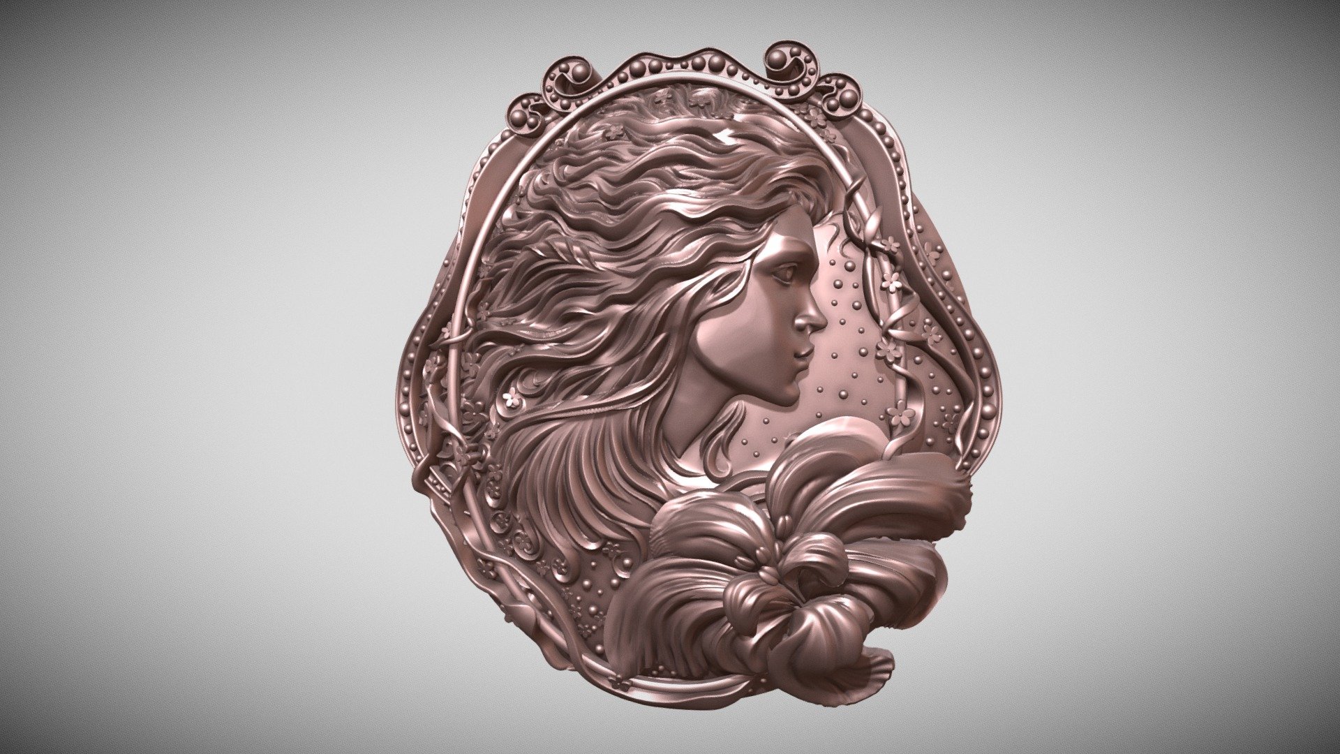 profile of a beautiful girl medallion or cameo, for casting. it is possible to use as a brooch as an independent decor or in combination with other patterns.
The model has a very high resolution, so you can print it both small and large. The height of the model is 50mm.

Model geometry is mesh (polygonal),this is not a Nurbs geometry.
It is designed for printing and casting and technically cannot be converted to NURBS geometry 3d model