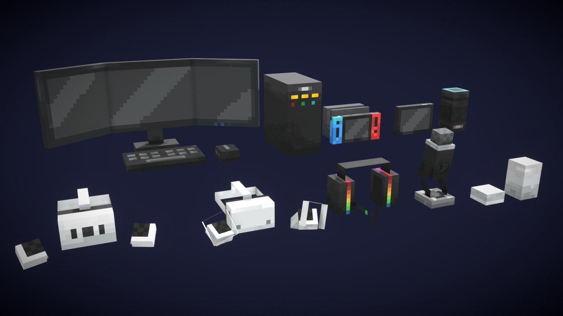 A tech pack for all your blocky needs! Created with blockbench and based of the Classic Minecraft Style!

Credits to @wackyblocks for the Nintendo reference

Enjoy! ;3 - Gamer Tech Pack - Buy Royalty Free 3D model by CoolPixelpro 3d model