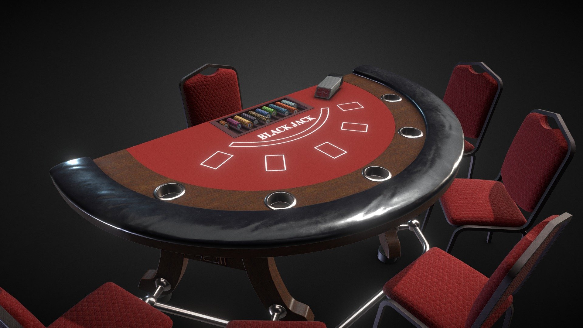 A blackjack table is a complex and elaborate piece of furniture, with six chairs and chips.

-LOW POLY It contains a .rar with the asset in .fbx format, with 2 material and textures in x2048 .jpg - Color - Metalic - Normal map - Roughness - Specular - ambient occlusion - Opacity.

-Number of vertices 27,752.

-Real-world scaled model.

-Ready for game or stage adornment 3d model