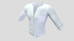 Mens Tucked In Collarless White Shirt in, white, shirt, no, standing, fashion, clothes, stylish, summer, collar, realistic, real, casual, mens, wear, pbr, low, poly, male, collarless, tucked