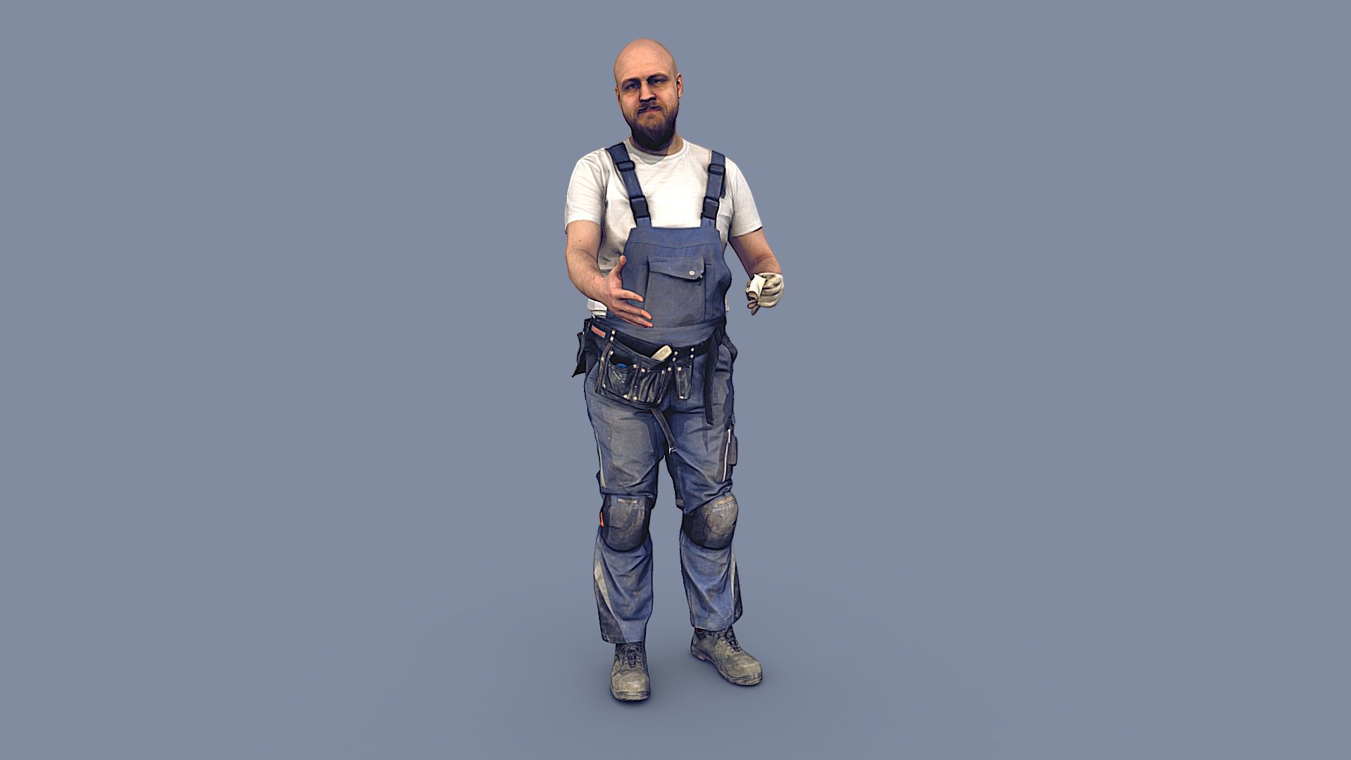 ✉️ A young man, a bald guy with a beard, a builder, a worker, in a work uniform, overalls, gloves, with a construction belt bag, standing, hand shaking.

🦾 This model will be an excellent mid-range participant. It does not need to be very close and try to see the details, it reveals and demonstrates its texture as much as possible in case of a certain distance from the foreground.

⚙️ Photorealistic Construction Worker Character 3d model ready for Virtual Reality (VR), Augmented Reality (AR), games and other real-time apps. 
Suitable for the architectural visualization and another graphical projects. 
50 000 polygons per model 3d model