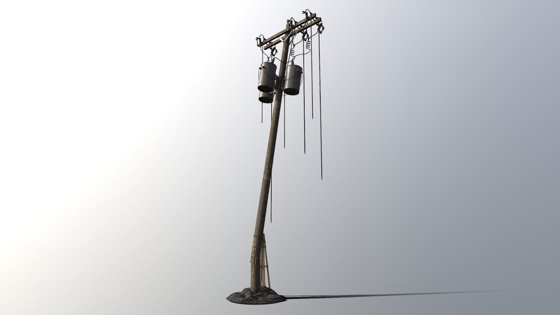 An old damaged utility pole with makeshift repairs, transformers, and pull fuses.

The mesh is split into individual components parented to an empty object for easy manipulation but joining them into a single mesh is trivial. The ground object is designed to sink a little into another ground object to look like turned dirt around the base.

Includes 2k PBR materials in PNG with 8 and 16bit OpenGL normal maps.

2020.2 HDRP Unity Package Included

Texel Density
GroundDirt            2.43td :: 512px
PoleWires             4.66td :: 2048px
UtilityPoleEquipment  7.16td :: 2048px
 - BrokenUtilityPole - Download Free 3D model by HippoStance 3d model