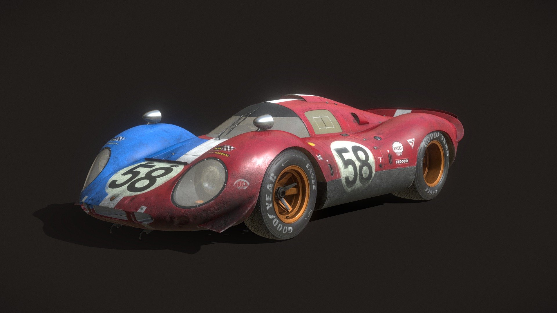 This car was a lot of fun to design and create and I really loved the challenge of combining all the parts together. I am a huge fan of the old GTs and Prototype cars that raced at Le Mans between the 1960s and 1970s, and this project was inspired by that. This is my most detailed personal project so far.

You can find the car disassembled for a closer look here:
https://sketchfab.com/3d-models/prototype-vintage-racecar-showroom-13db2793b75742b6b581603c4fb1b669

You can find some renders with the car here:
https://www.artstation.com/artwork/3dK9Qm - Prototype Vintage Racecar - 3D model by Todor Malakchiev (@todormalakchiev) 3d model