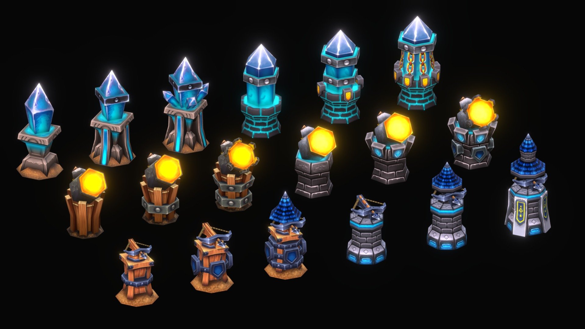 a set of towers of three types:
balist
martyr
magic tower
each of them has 6 levels of development 3d model