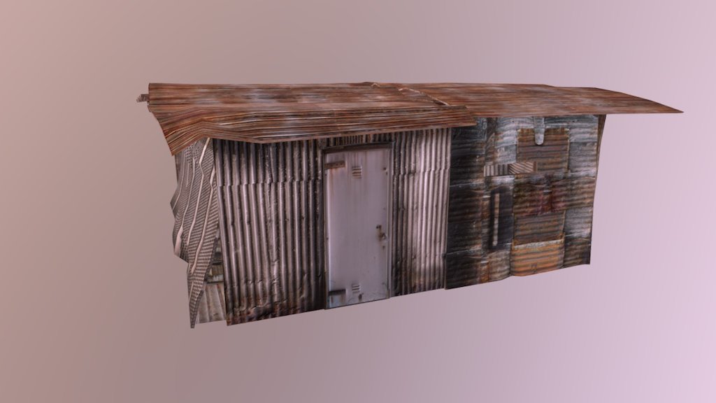 Metal, pieced together shelter was modeled and textured in 3Ds Max. Use of Alphas are not shown here. For a more detailed view including the yard and all the junk, please see my site at jamiesugarman3d 3d model