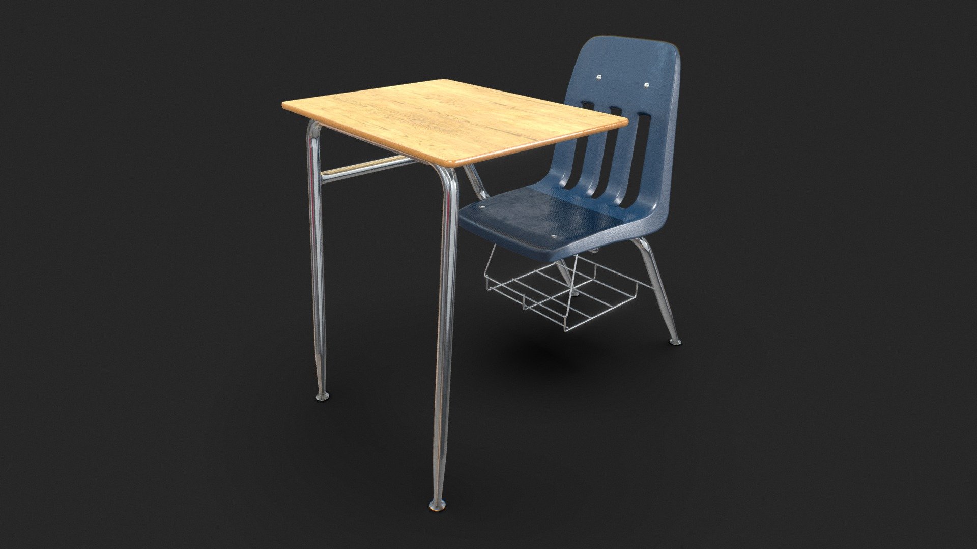 Here is a school chair that I have modeled for Adobe Stock. For submission I have the textures at 4K and I was also only allowed to use only quads (I could use tris, but only if necessary). The model was to be used inside of Adobe Dimension.

Quads: 16,758
Tris: 33,516

This is the first model using the school chair, for this version I decided to make a desk with a book tray underneath.

I modeled using 3ds Max and textured using Substance Painter 3d model