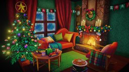Christmas living room fireplace, sofa, clock, cookies, evergreen, candles, fire, gifts, presents, rocking-chair, poinsettia, hotdrink, livingroom-decor, 3december2022challenge