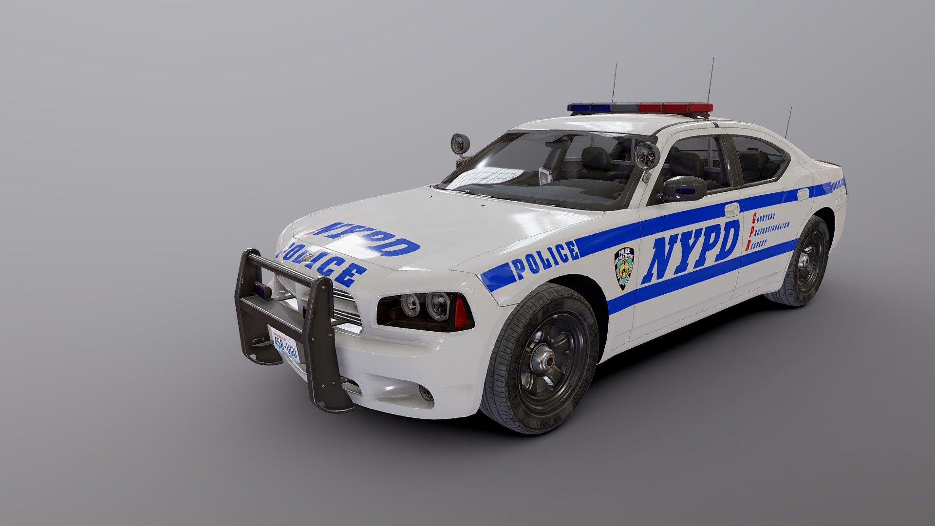 Dodge Charger NewYork police car model.

Midpoly exterior.

Lowpoly interior(1024x1024 diffuse texture).

Low poly wheels with PBR textures(2048x2048).

Full model - 57136 tris 33718 verts

Lowpoly interior - 4402 tris 2510 verts

Wheels - 7956 tris 4488 verts

Model ready for real-time apps, games, virtual reality and augmented reality.

Asset looks accuracy and realistic and become a good part of your project 3d model