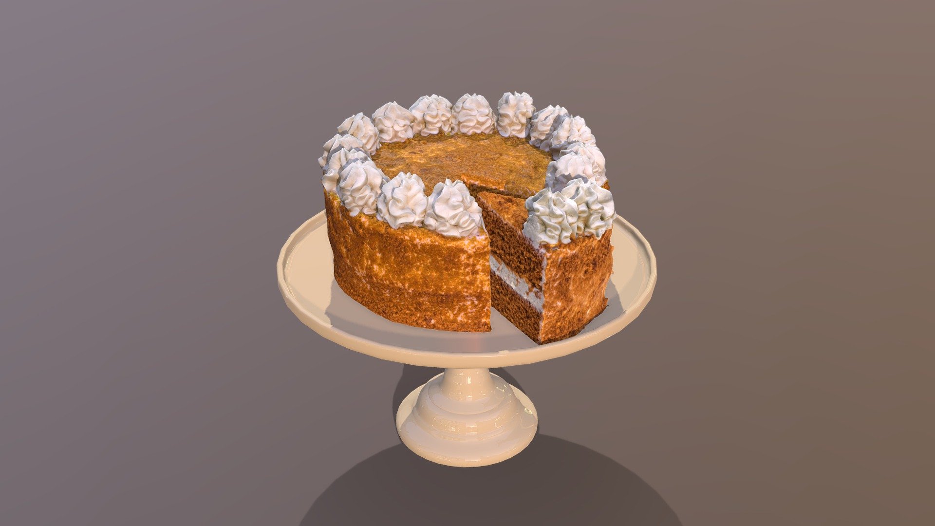 This premium Caramel Cake model was created using photogrammetry which is made by CAKESBURG Premium Cake Shop in the UK. You can purchase real cake from this link: https://cakesburg.co.uk/products/red-velvet-buttercream-cake?_pos=2&amp;_sid=a9ff9af21&amp;_ss=r

Cut Cake Textures 4096*4096px PBR photoscan-based materials (Base Color, Normal, Roughness, Specular, AO)

Slice Textures 4096*4096px PBR photoscan-based materials (Base Color, Normal, Roughness, Specular, AO)

Click here for the uncut version.

Click here for a slice of cake model 3d model