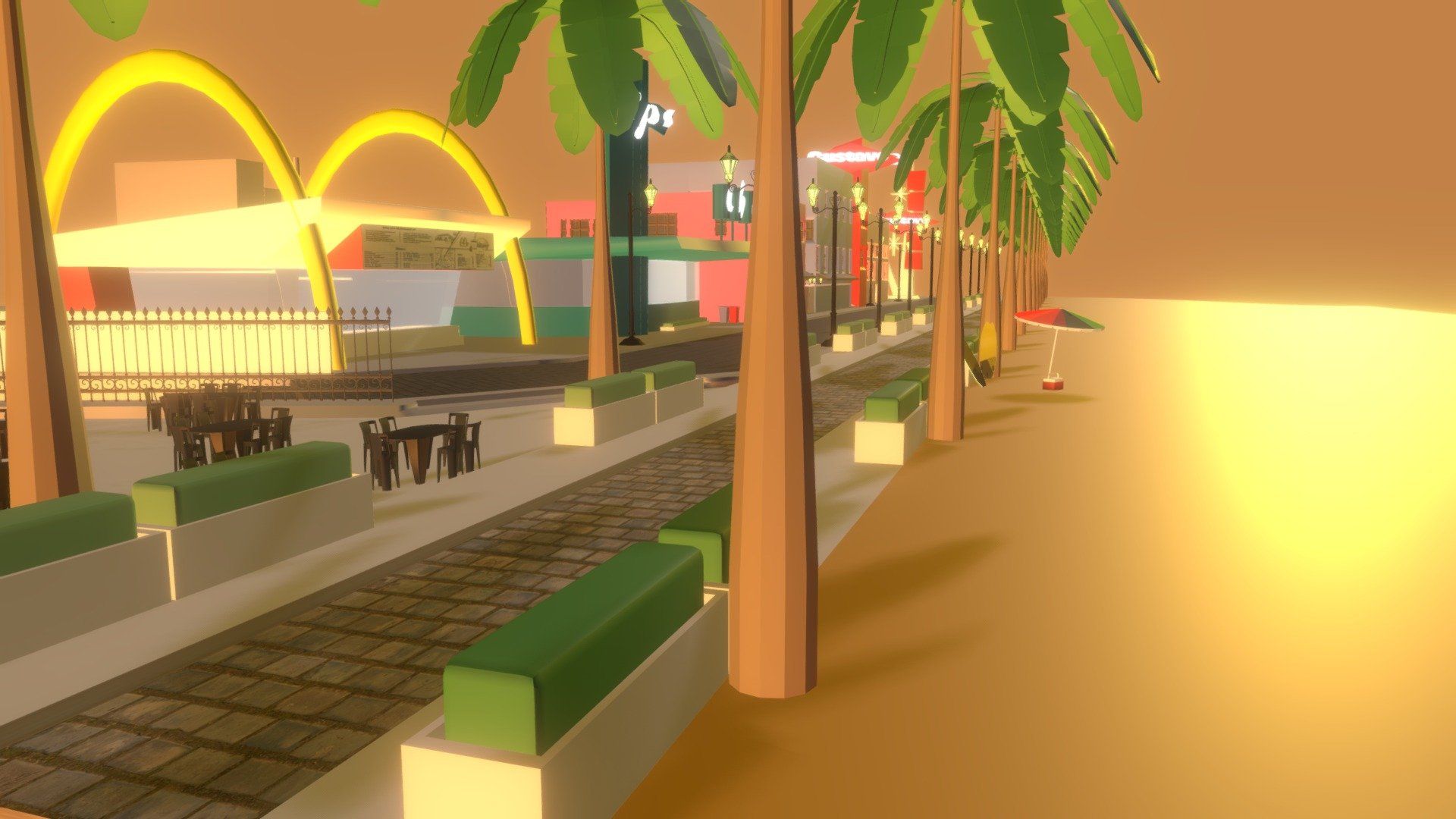 I wanted to go for simple yet stylistic depiction of Venice Beach with a unique architectural style known as Googie, which is characterized by its futuristic design elements. The environment features several establishments, including a McDonald's restaurant with its iconic golden arches, a restaurant called &ldquo;Chips,