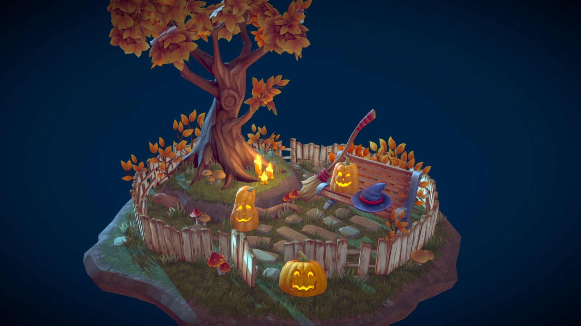This pack contains more than 30 assets, such as:


pumpkins and candles;
witch's hat and broom;
different vegetation: autumn tree, mushrooms, grass and bushes;
fence and bench;
stone tiles, particle systems and more.

Also includes dirt and grass tilable textures. All materials have basecolor, normal, metallic and smoothness maps.

&ldquo;Lowpoly Halloween Decor