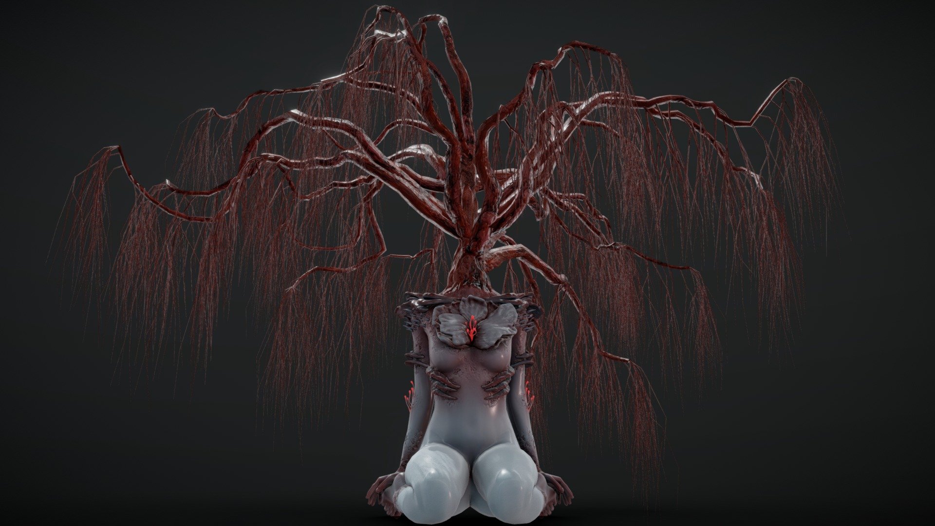 so this was a cool project to work on, I like sculpting weird artsy stuff and I've been trying to learn Speedtree and trees are pretty boring to look at for hours at a time while you're trying to figure out what all the buttons and sliders do. I also had to learn a whole new workflow for this but it is what it is.

The concept was heavily inspired by &lsquo;The Last Of Us' in the beginning, I also wanted the body to be similar to my &lsquo;Corpse Flower' model since theyre both in a larger project together.

Initially while I was figuring out Speedtree this model had blue leaves so I was going for that Willow tree vibe but it wasnt looking right. Then I got inspired by the art in &lsquo;Diablo 4' and scrapped the leaves and added more tiny branches and that kinda brought the whole Blood Tree thing together 3d model