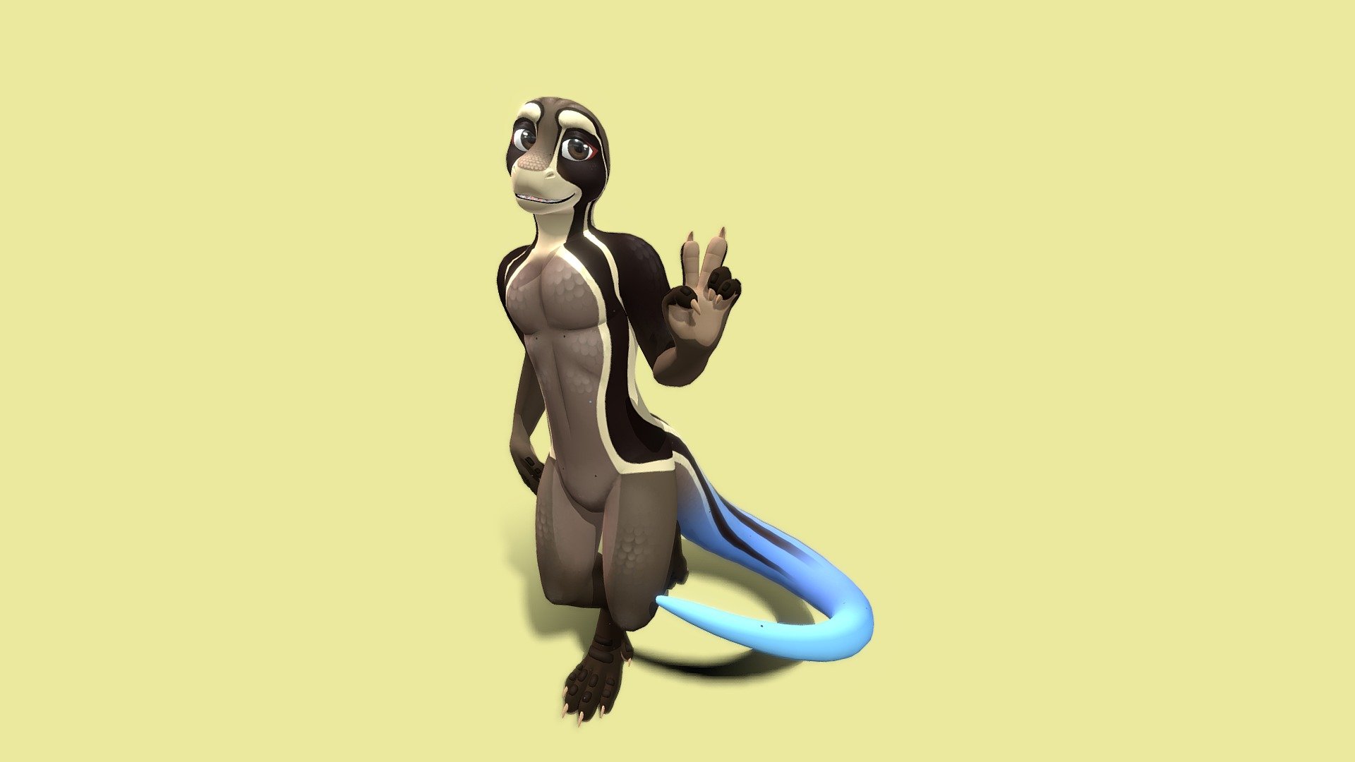 An avatar of Hemlock the Blue tailed skink, made to be used in VRChat! Features emotes and a few clothing accessories.

Mesh made in Blender, textured in SAI2

This was made as a custom commission and is not downloadable publicly. Thank you!! For custom commission status, check out my telegram channel t.me/Meelo3D - Hemlock VRChat Avatar - 3D model by Meelo 3d model