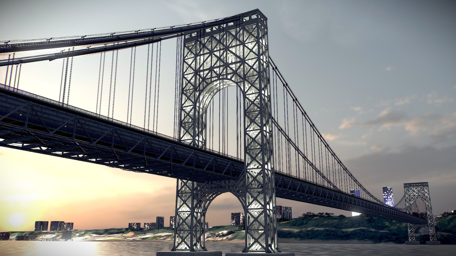 A detailed recreation of the famous bridge that connects New York City to Fort Lee in Bergen County.

Scene Information:




Modelled in Blender 4.0.2

Fully UV unwrapped

All materials are allocated to their respective objects.

Real World Scaling (M)

High fidelity and gameready product

Ideal for scenic and close-up shots

Textures:




.PNG (8 bit) and non-compressed .JPG files

Trimsheets and baked textures in 1K/2K resolution

Formats:

.obj .blend .fbx

Enjoy and have a nice day 3d model