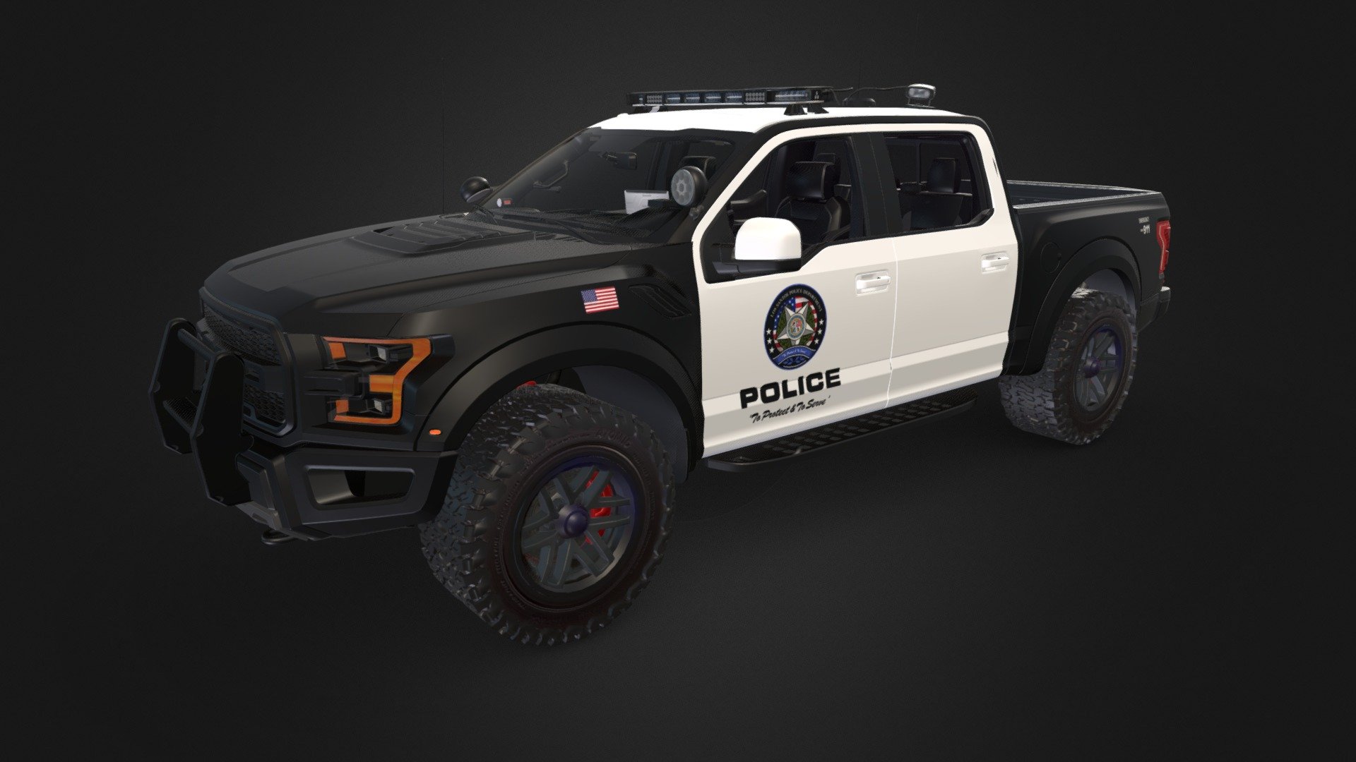 The Ford Raptor Police 3D model is designed as a police vehicle with superior performance and safety features. This vehicle can reach high speeds and provide superior driving experience even in challenging terrain, making it suitable for use in the demanding tasks of police departments.

The exterior design of the model is inspired by the aggressive and sporty look of the Ford Raptor. As a police vehicle, it is equipped with red and blue flashing lights, sirens, and other emergency equipment. In addition, the body of the vehicle is adorned with the police department's logo and other identifying marks.

The Ford Raptor Police 3D model can be used for many different purposes. For example, it can be used in digital animations, advertising films, games, and educational materials. Additionally, it can be used for simulations of real-life police vehicles.
.
I have released my model for free due to some texture errors. Please feel free to share your thoughts and comments about this model - Police Ford Raptor - Download Free 3D model by Cyruxies 3d model