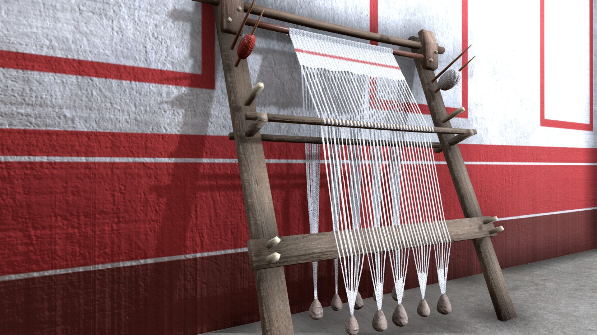 Warp-Weighted Loom
Simple and ancient form of loom in which the warp yarns hang freely from a bar.

Purpose of this model is to be used in historically accurate scenes and games.


Prefab:



SM_loom – Polygon: 1668


Technical details



UV mapping and geometry: Polygonal Quads.

Texture set dimensions and number: 2048x2048; (1) set (5 channels).

Types of materials and texture maps: PBR metallic – roughness.


Source:
 - Greco-Roman loom - Download Free 3D model by Albert Gregl (@AlbertGregl) 3d model