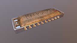 Game Ready Harmonica Metallic Low Poly music, playing, brown, play, vr, ar, copper, harmonica, metallic, pbr, lowpoly, gameready