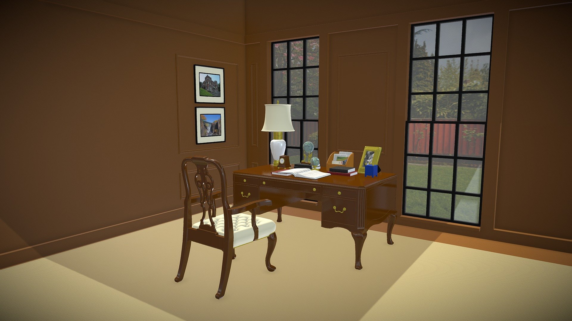 A simple, yet classy office setting with antique victorian style furniture modeled in Autodesk Maya 3d model