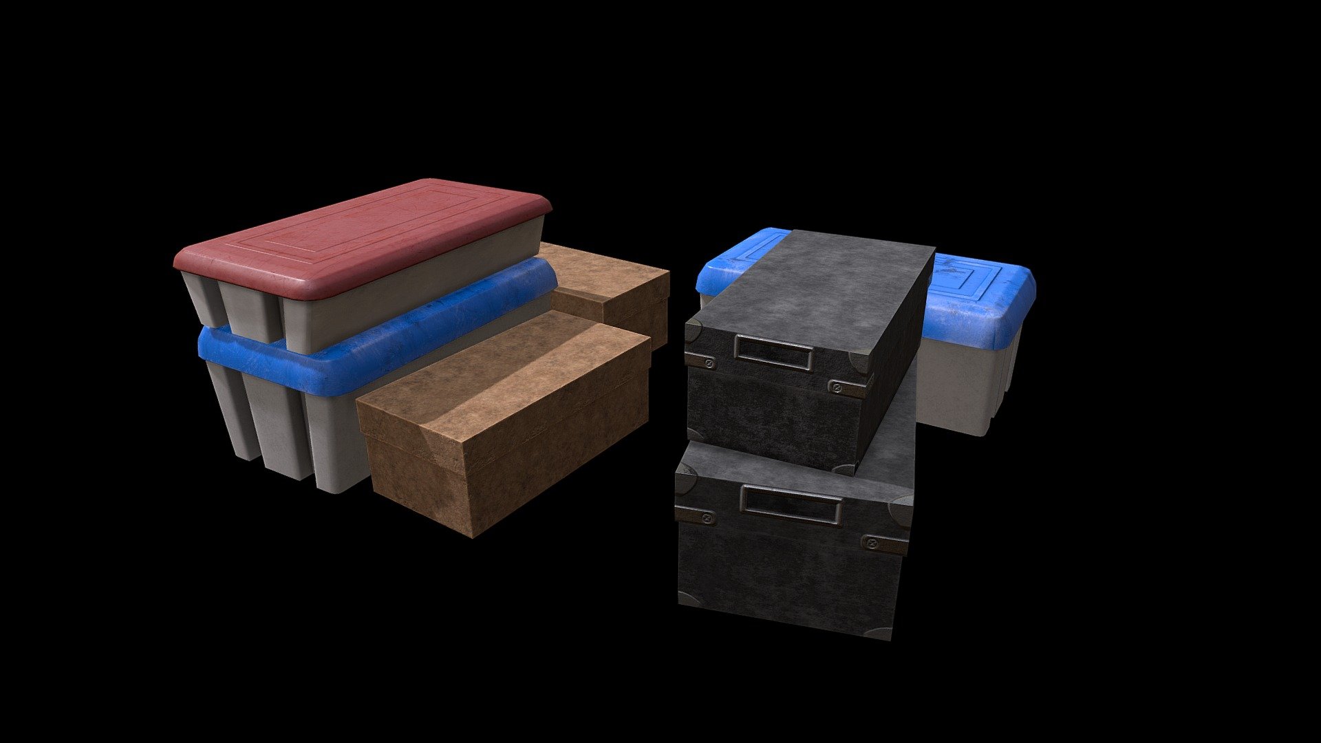 4 crate variations:

-Blue Big Plastic Crate
-Red Small Plastic Crate
-Small Brown Cardboard Box
-Black Office Box - Game Ready Crates & Boxes Pack - Buy Royalty Free 3D model by Handrews 3d model
