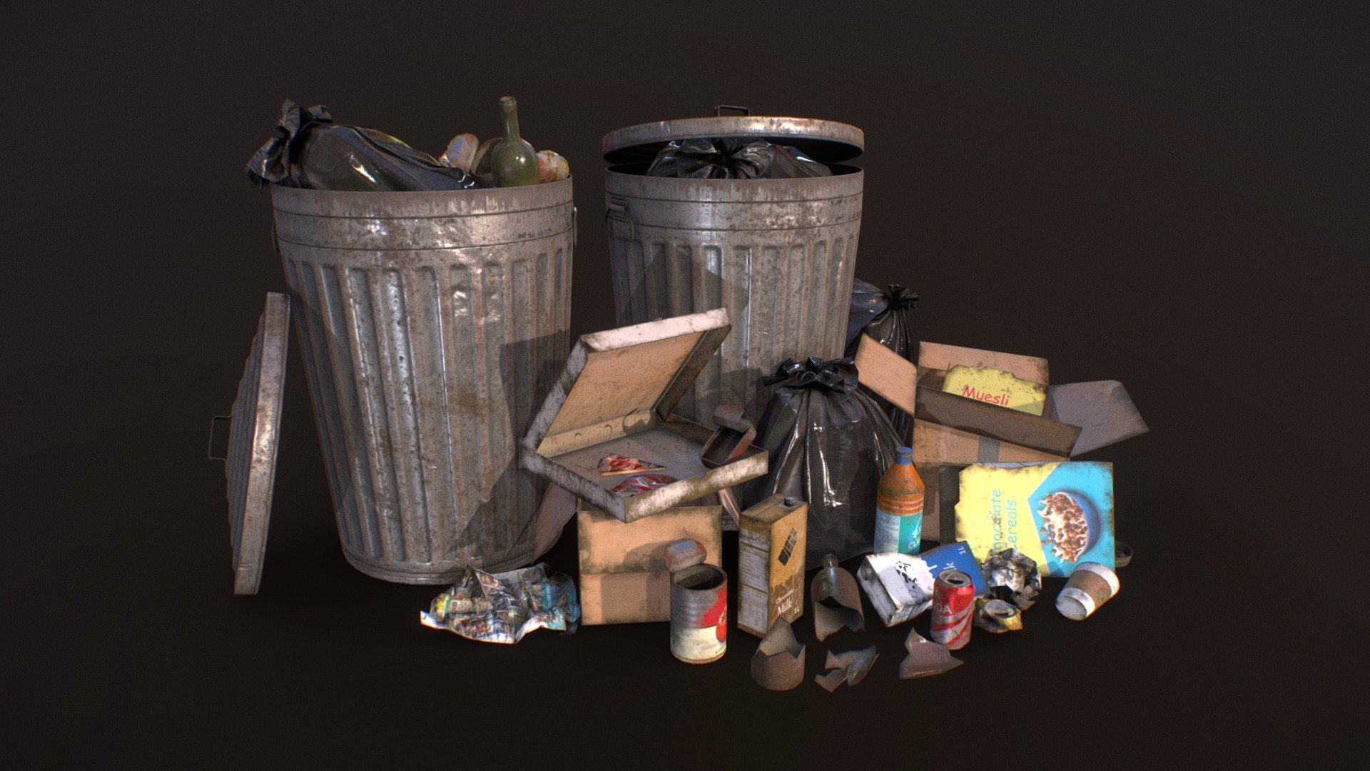 Low Poly urban street trash pack:




Game Ready

The unit of measurement used is centimeters

PBR Materials with 4k textures (1 set for all small props with 2 different levels of dirt, 1 for Garbage Bags with 3 different colors and 1 for Trash Can with 2 levels of dirt)

Albedo, Normals, Metalness, Roughness, AO and Opacity

This pack includes: 




Trash Can

Urban Trash: 3 carboard boxes - 2 cereal boxes - 3 cartons of milk - 4 types of paper with 4 levels of crumpling - 4 types of tins - 1 coffee cup with lid - 2 wine bottles - 2 broken bottles - 3 colors of soda cans with 4 levels of crushing - 2 plastic bottles - 1 pizza box with 1 piece of pizza

2 Garbage Bags

2 files included:




Urban Trash Pack Vol.1 Scene - Objects represented as seen in renders

Urban Trash Pack Vol.1 Set - All objects included in pack

Also included in Trash Pack Vol.2 &amp; 3

This model can be used for any game, personal project, etc. You may not resell any content

 - Urban Trash Pack Vol 1 - Low Poly - Buy Royalty Free 3D model by MSWoodvine 3d model