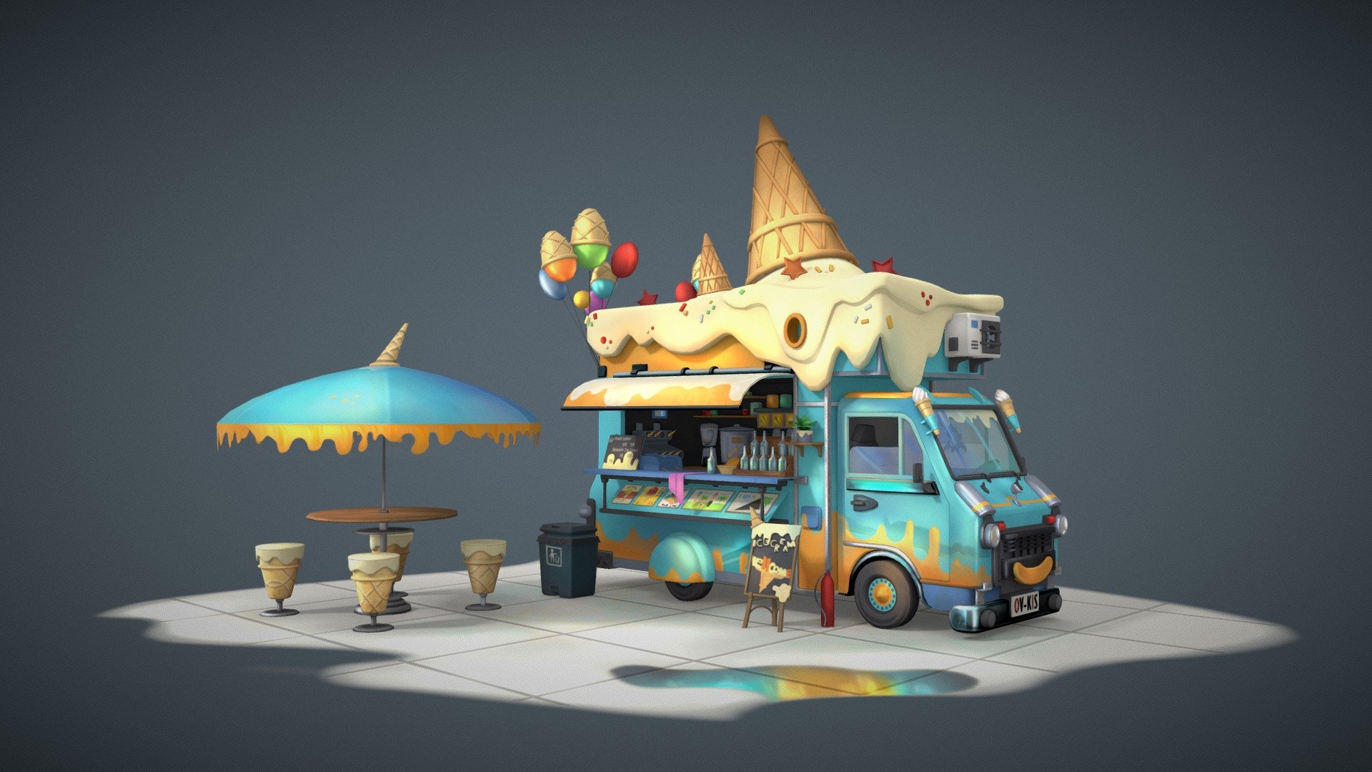 Cute ice cream truck of LaoKongPlay Park!

Amazing origial concept by Kong Wenjie https://www.artstation.com/artwork/xJKz0X

Modeled in Blender, painted using 3DCoat and Adobe Photoshop

My artstation: https://www.artstation.com/alexandra_grishcenkova00
I hope you like it !) - ICE CREAM TRUCK - 3D model by Alexaris (@sasha_grishchenkova) 3d model