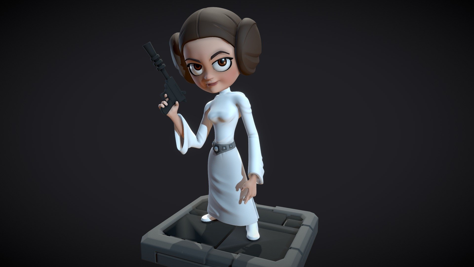 I never realized how fancy her belt was.

Purchase includes keyed STL files for printing, along with textured and rigged character in a Maya file (backwards compatible to at least Maya 2016).

Here's a little animation showing her (and some other mini Star Wars rigs) in action: https://youtu.be/qYOglvFRB2E - Mini Leia - Buy Royalty Free 3D model by Brad Groatman (@groatman) 3d model