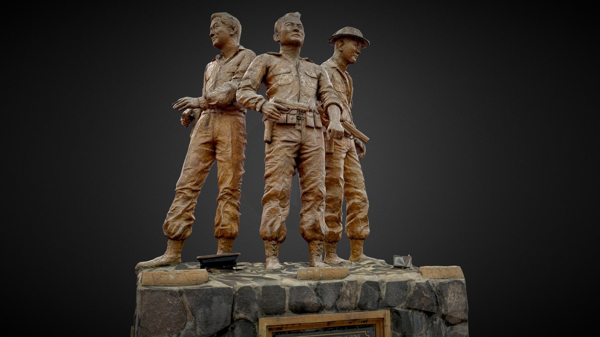 Monument dedicated to these 3 heroes of the Philippines history : soldiers Elloso, Velena and Placino. During WW2, they led the resistance for the freedom of their country, helping the USA for taking back the land from the japanese army. Philippines was a strategical point of the WW2 and 80% of the capital, Manila, was destroyed during bombings. 5% of the population died during the war.

Model created in reality capture.
link to my 50+ collection of sculptures scans




LOD0 is 25k tris and 8k textures diffuse/normal/metalness/roughness

LOD1 is 5k tris and 4k textures diffuse/normal

4k render of LOD1 :

 - LUCBAN HEROES - 2 LOD - Philippines Heritage - Buy Royalty Free 3D model by 3Dystopia (@Dystopia) 3d model