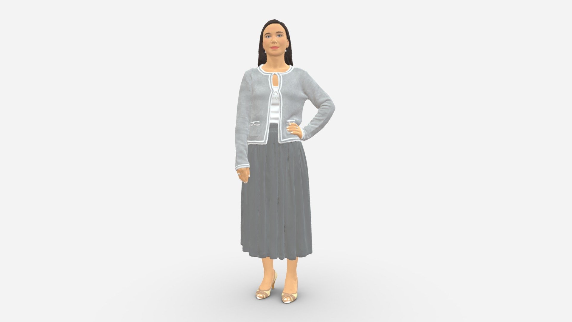 We provide unique 3d scanned models with realistic proportions for closeup and medium-distance views in artworks, paintings and classes. As well as architectural visualization projects.

Main features:


high-end realistic 3d scanned model;
realistic proportions;
highest quality;
low price;
saves you time for more time in landscaping and interiors visualization.

FEATURES 


3d scanned model 
Extremely clean
Edge Loops based
smoothable
symmetrical
professional quality UV map
high level of detail
high resolution textures
real-world scale
system unit: cm

TEXTURES 


Textural Resolution: 4096 x 4096
Color Map

The model is suitable for stereolithography 3d printing 

The model is also ready for fullcolour 3d printing - Woman In Gray Skirt 0390 - Buy Royalty Free 3D model by 3DFarm 3d model