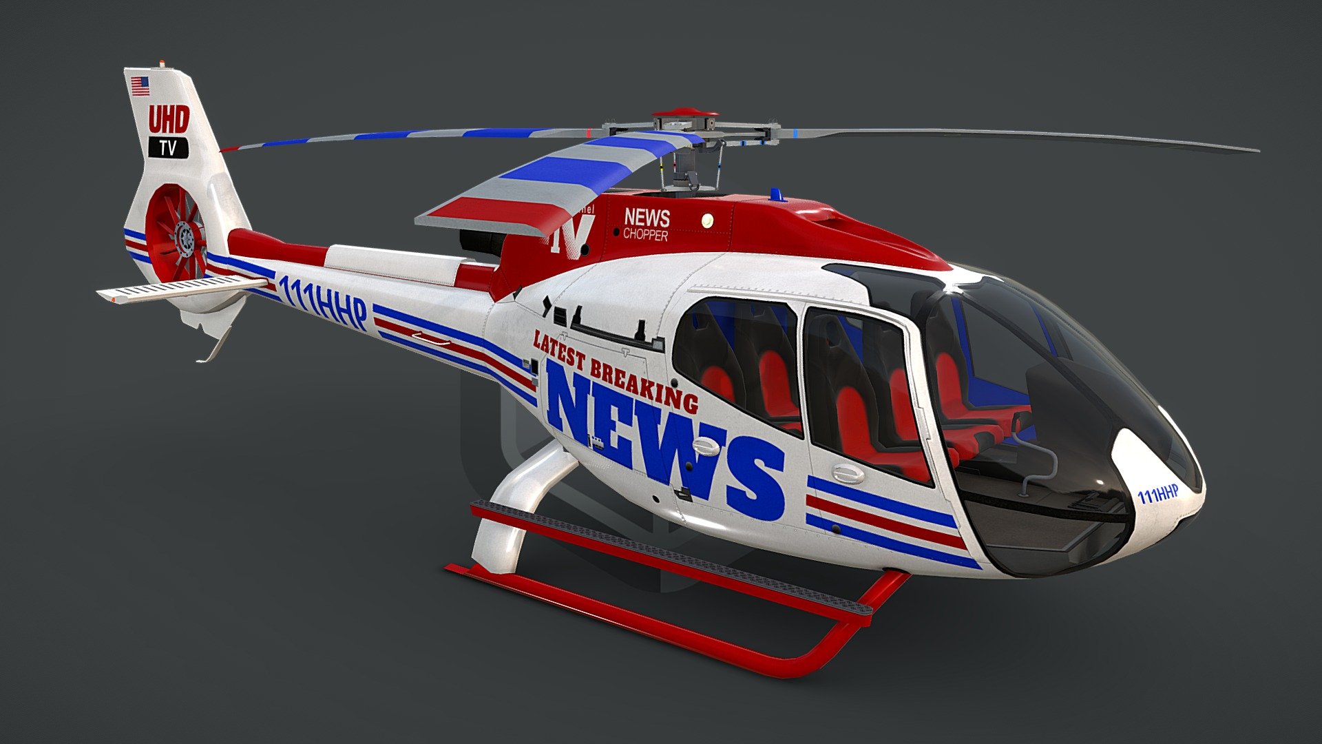 game ready, realtime optimized game asset

unique livery and branding

both PBR workflows ready

LOD0 is HQ lowpoly with bended top rotor, all lights objects and interior

LOD0 19710 tris, LOD1 10462 tris, LOD2 7388 tris, LOD3 5990 tris

100% triangulated and 100% unwrapped non-overlapping

5 x uv layouts, body, HQ rotors, LQ rotors, interior, lights

made using blueprints, real world scale meters

all rotors detached and animable in each LOD with properly placed pivots for flawless animations

hideable capsule built interior that fits perfectly the body

interior is simple but a great basis for further elaboration

big textures pack with native 4096 x 4096 px textures for body, rotors, interior

LOD3 rotors have own textures with blades on alpha channel

light objects have own, small, textures, and contain an emission map

pack contains native .max scene, created in 3dsmax 2014

pack contains clean and flawless FBX and OBJ files

each LOD and all LOD together exported in each file format
 - News Helicopter EC130-H130 Livery 24 - Buy Royalty Free 3D model by CGAmp 3d model