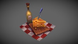 Cheese and Wine food, wine, prop, stylised, cheese, knife, handpainted, texturing, texture, hand-painted, stylized, textured, handpainted-lowpoly