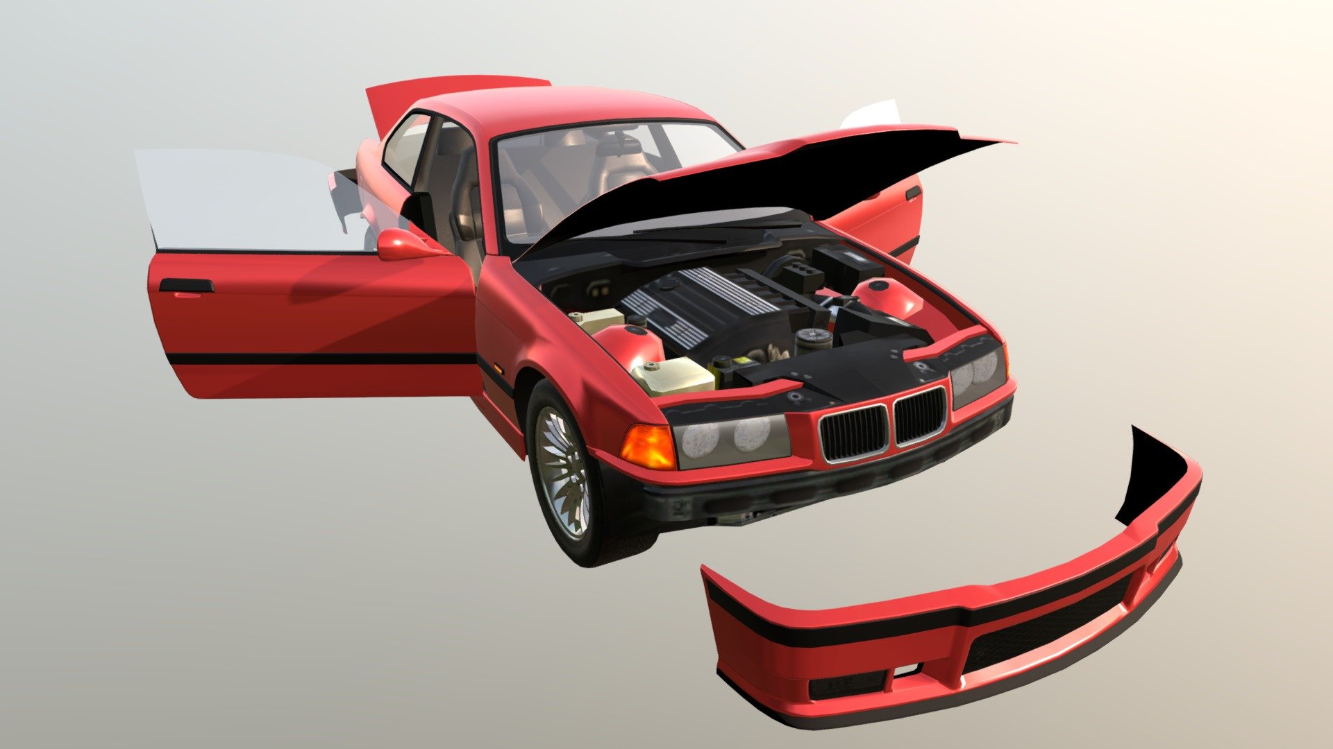 Package Contains a Beautiful Car model with fully textured Good Quality Interior and open-able doors, Bonnet, Boot etc. Ready to use in Your game. This model has 4 LODs and using Atlas Texture so it can be used for PC and mobile projects.
Perfect for any Games like Third-Person Games, First-Person Games, Car Destruction Games or any other Car Games. 

Our Real Car 7 And Real Car 7 Separated Parts are same Models.

LOD Details: 

Car LODs:

-LOD0: 49955 tris 
-LOD1: 30973 tris 
-LOD2: 12072 tris 
-LOD3: 76 tris 




Materials using PBR Unity Standard shader. Albedo, metallic, smoothness, normal and occlusion textures included. 

Car only using one single Atlas PBR Texture.

Car using Five Materials Paint,Interior,Glass,Mirror,Rim.

Emissive texture for lights included. 

Model is properly scaled and aligned along Z-axis. 

Fully textured Good Quality Interior and Exterior.

Separated four wheels,steering wheel, dashboard pointers, glasses Doors, Front and Back Bumper, Bonnet, Boot.
 - Real Car 7 Separated Parts - 3D model by Maker Games Studios (@MakerGamesStudios) 3d model