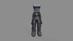 Mechanic Girl Tank Top Pants Outfit mechanic, fashion, girls, top, clothes, pants, gray, chracter, tank, belt, womens, overalls, wear, utility, baggy, suspenders, pbr, low, poly, female